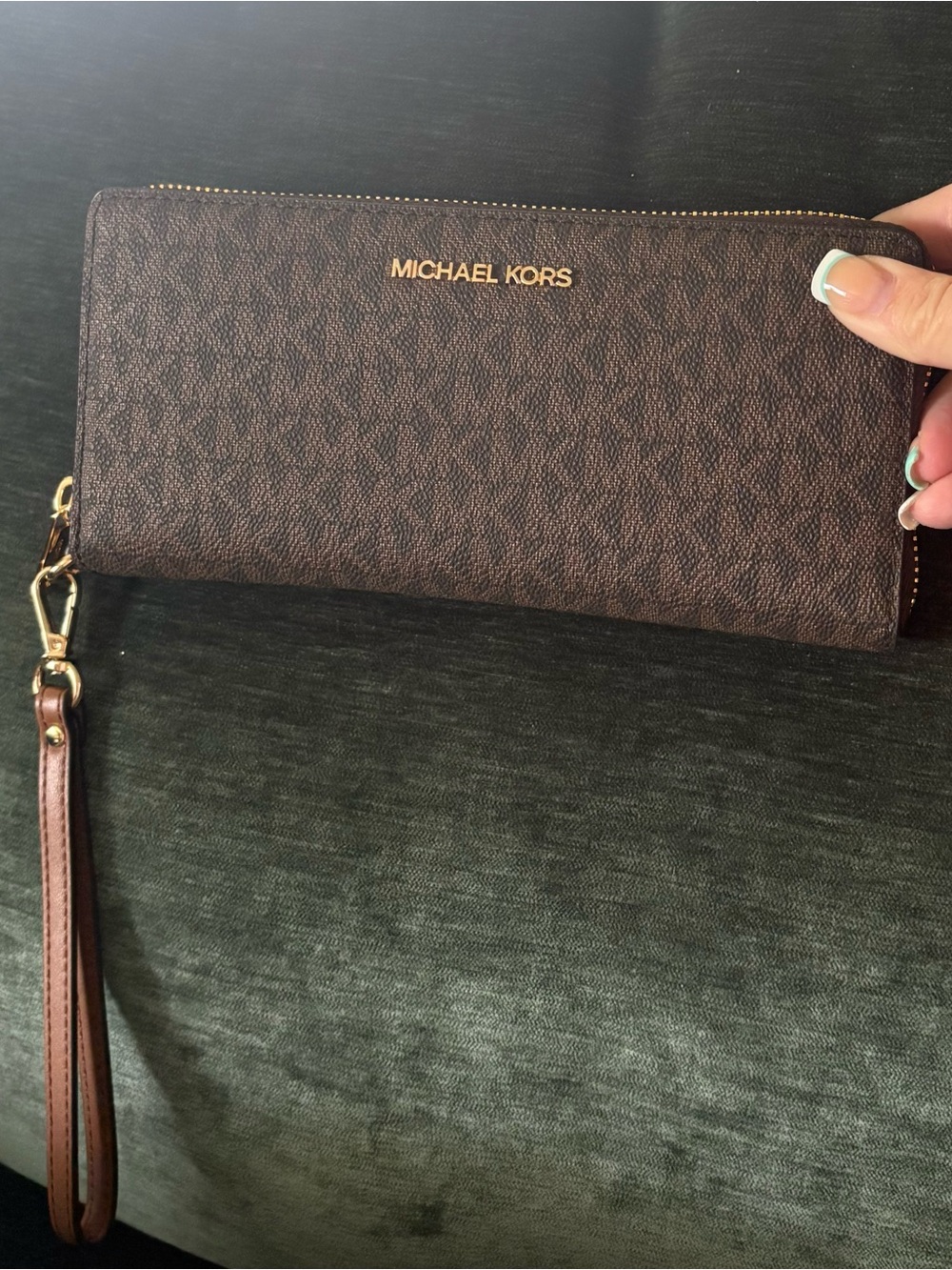 Michael Kors Brown Tan Leather Zip Wallet Wristlet with Gold Hardware